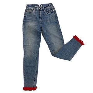 Good American Skinny Jeans Size 24 Blue Denim Red Trim Hem Stretch High Rise
